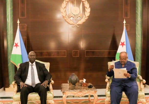 Djiboutian President Ismail Omar Guelleh receives a letter from Sudanese Sovereign Council leader Abdel Fattah al-Burhan, delivered by Deputy Chairman Malik Agar on March 9, 2025.