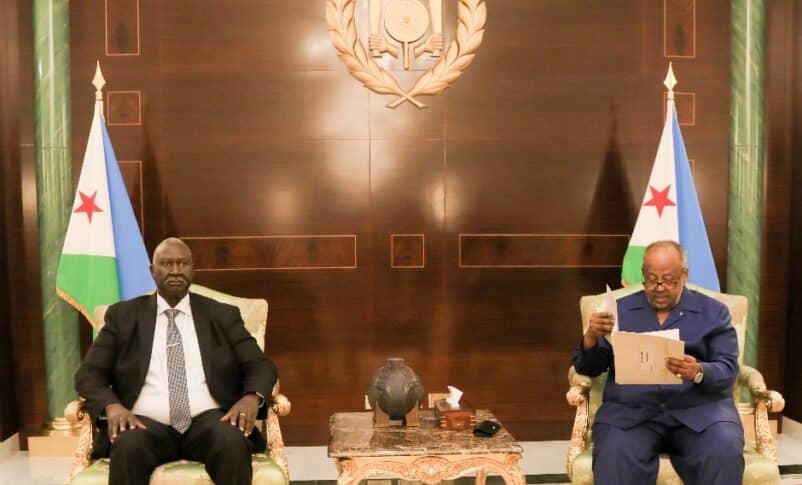 Djiboutian President Ismail Omar Guelleh receives a letter from Sudanese Sovereign Council leader Abdel Fattah al-Burhan, delivered by Deputy Chairman Malik Agar on March 9, 2025.