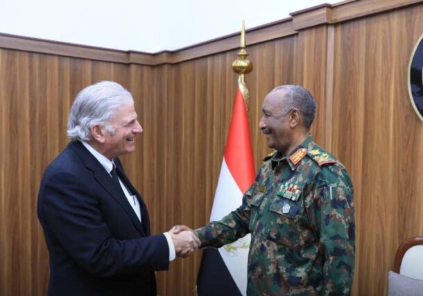 Gen Abdel Fattah al-Burhan Sovereign Council leader shakes hands with Franklin Graham Samaritan' Purse president on March 10, 2025