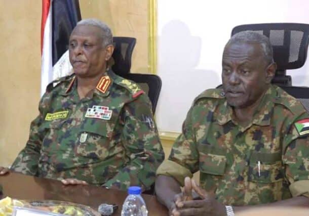 General Yasir al-Atta (L) chairmed a meeting to discuss the security situation in Khartoum state with the participation of the state governor (R) on March 11, 2025