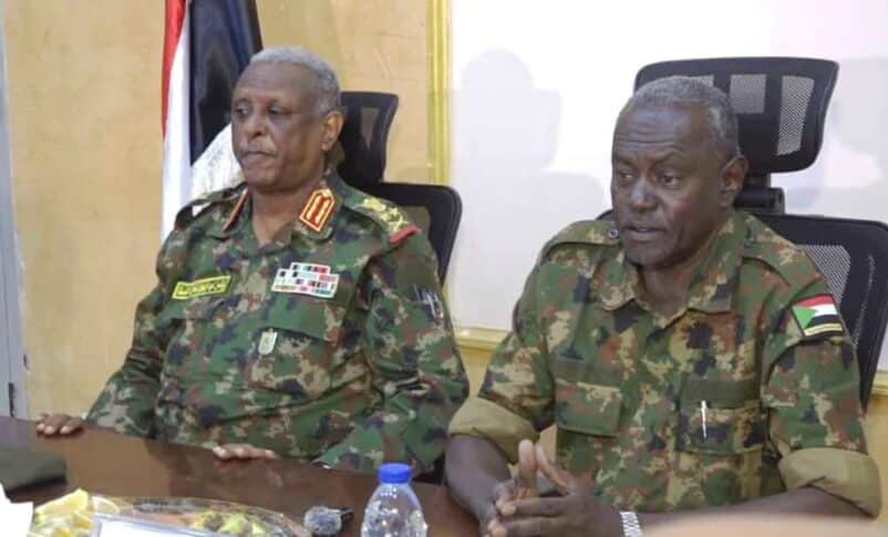 General Yasir al-Atta (L) chairmed a meeting to discuss the security situation in Khartoum state with the participation of the state governor (R) on March 11, 2025