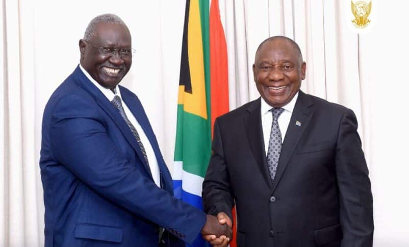 South African President Cyril Ramaphosa shakes hands with Sudan's Deputy Chairman of the Sovereign Council, Malik Agar, on March 18, 2025.