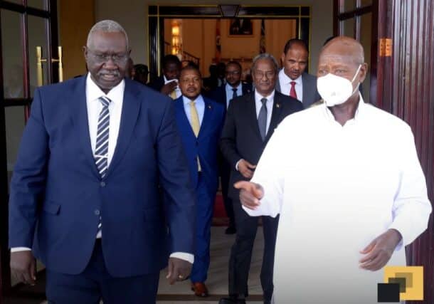 President Museveni speaks to Malik Agar Deputy Chairman of Sudan Sovereign Council after a meeting in Kampala on March 5, 2025