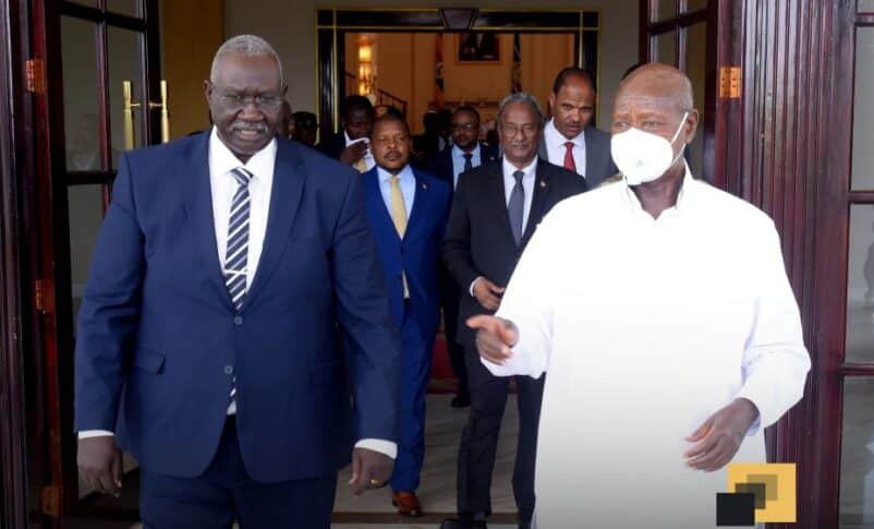 President Museveni speaks to Malik Agar Deputy Chairman of Sudan Sovereign Council after a meeting in Kampala on March 5, 2025
