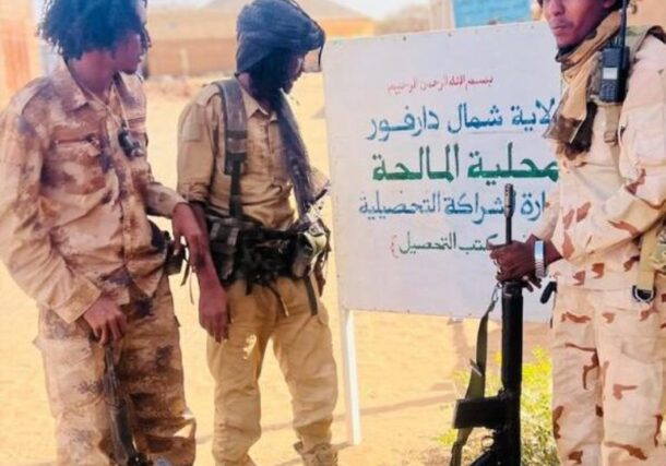 RSF fighters pictured outside the Al Malha municipality building on March 22, 2024