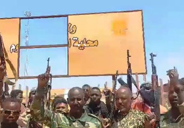 Sudanese army soldiers stand outside headquarters in Al Dali and Al Mazmum muncipality on March 5, 2025