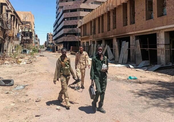 Sudanese soldiers on a street in Khartoum following major army advances against the RSF, March 26, 2025.