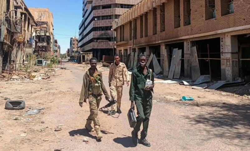 Sudanese soldiers on a street in Khartoum following major army advances against the RSF, March 26, 2025.