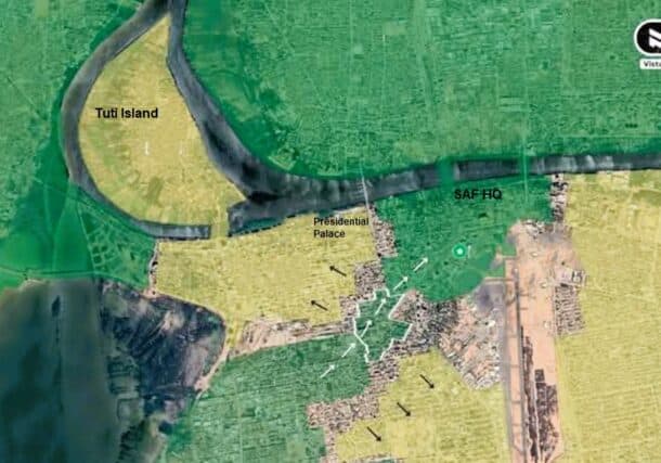 Yellow areas on the map indicate territory controlled by the RSF in Khartoum. Arrows show the Sudanese Armoured Corps advance towards the army headquarters on March 17, 2025.