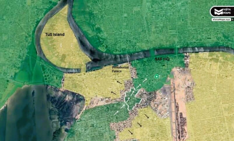 Yellow areas on the map indicate territory controlled by the RSF in Khartoum. Arrows show the Sudanese Armoured Corps advance towards the army headquarters on March 17, 2025.