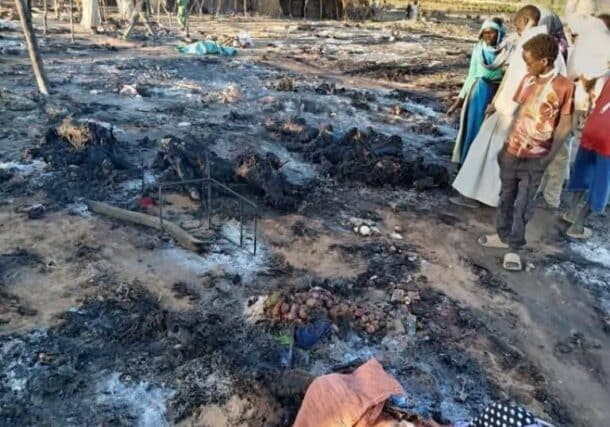 Tura market in North Darfur lies in ruins after an airstrike on March 25, 2025. The attack, attributed to the Sudanese army, reportedly caused a large number of civilian casualties on March 25, 2025