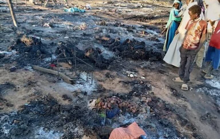 Tura market in North Darfur lies in ruins after an airstrike on March 25, 2025. The attack, attributed to the Sudanese army, reportedly caused a large number of civilian casualties on March 25, 2025