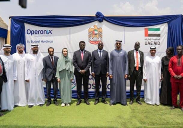 UAE's Minister of State for Foreign Affairs, Shakhboot bin Nahyan Al Nahyan poses with South Sudanese officials at the inauguration of Aweil hospital on March 8, 2025 -UAE FM photo