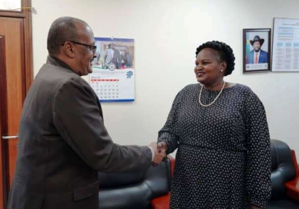 Undersecretary, Ambassador Agnes Adlino Orifa Oswaha shakes hand with Sudanese Ambassdor to Juba Isam Mohamed Karrar on March 24, 2025