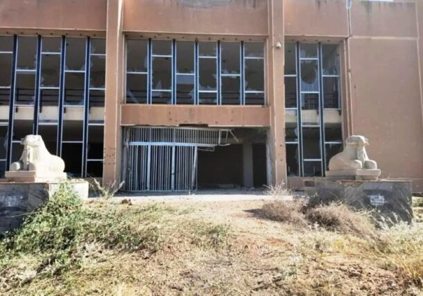 Entrance of the Sudan National Museum building exhibiting damage.
