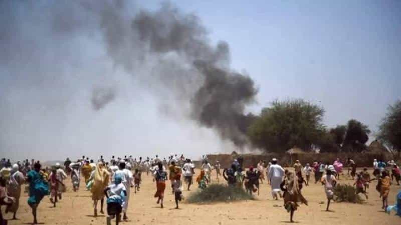 Displaced people flee Zamzam camp under RSF control on April 13, 2025