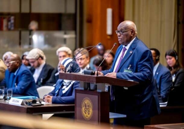Minister of Justice Muawia Osman Mohamed Khair speaks before the ICJ judges on April 10, 2025 - ICJ photo
