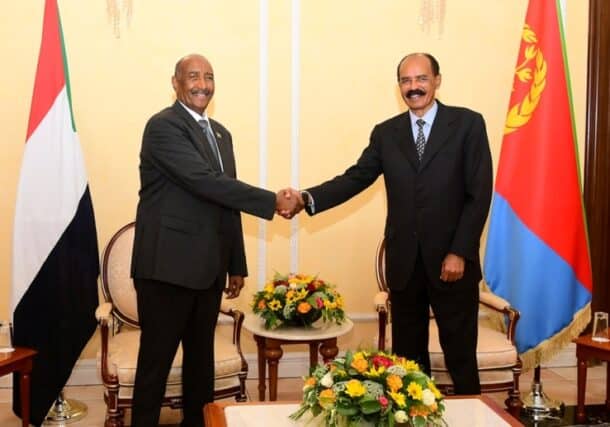 President Isaias Afwerki of Eritrea receives General Abdel Fattah al-Burhan, the presidency after welcoming him at Asmara International Airport on April 10, 2025.