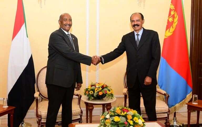 President Isaias Afwerki of Eritrea receives General Abdel Fattah al-Burhan, the presidency after welcoming him at Asmara International Airport on April 10, 2025.