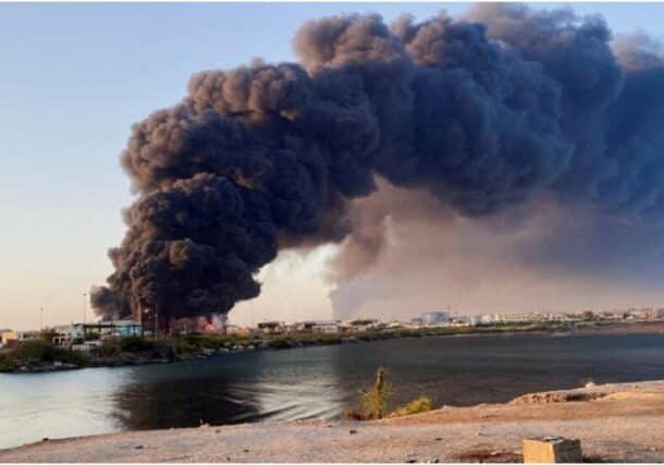 A large plume of smoke and fire rising from a fuel depot in Port Sudan, on 6 May 2025. Reuters photo