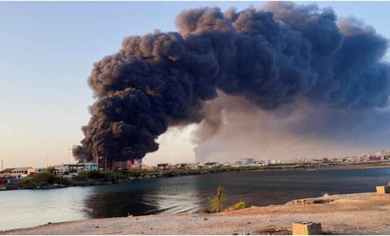 A large plume of smoke and fire rising from a fuel depot in Port Sudan, on 6 May 2025. Reuters photo