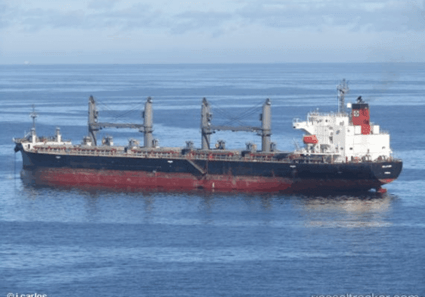 A photo released by the U.S. State Department shows a vessel carrying 32,550 metric tons of U.S. wheat grain arriving in Port Sudan, Sudan, on May 25, 2025.