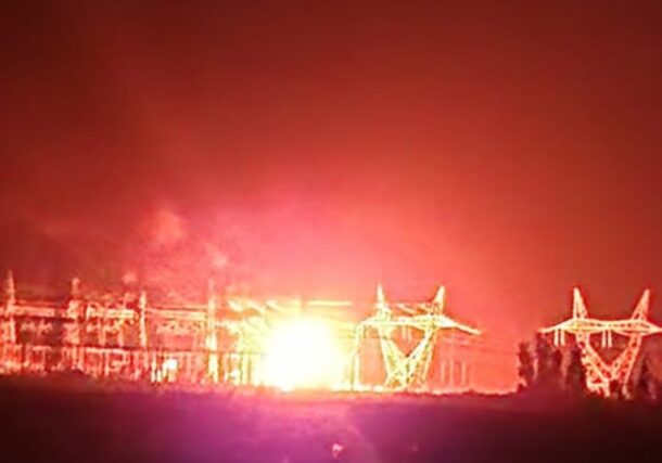 The Al-Markhiyat power transformer station burns after being targeted in a drone attack on May 14, 2025.