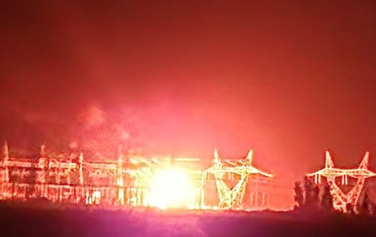 The Al-Markhiyat power transformer station burns after being targeted in a drone attack on May 14, 2025.