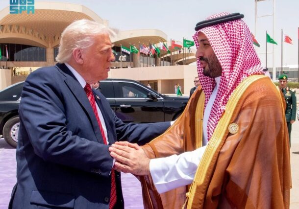 Crown Prince Mohammed bin Salman shakes hands with President Donald Trump at the end of his visit to Saudi Arabia on May 14, 2025