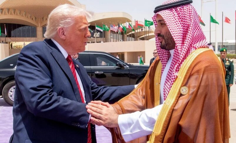 Crown Prince Mohammed bin Salman shakes hands with President Donald Trump at the end of his visit to Saudi Arabia on May 14, 2025