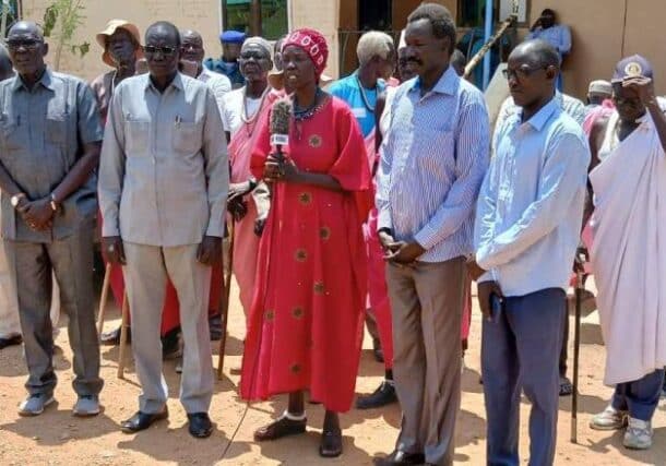 Rebecca Joshua Okwaci speaks to the media in Malakal, Upper Nile State, about the humanitarian response to regional displacement, April 25, 2025.