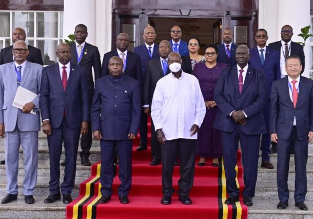 Participants at the Regional Oversight Mechanism Summit pose after a meeting held at the State House, Entebbe on May 28, 2025