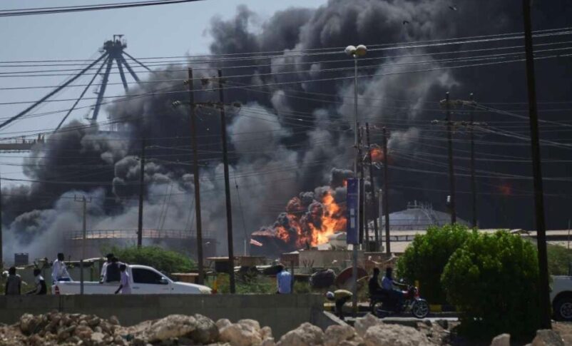 Smoke billows after drone strikes by the paramilitary RSF targeted the northern port in the Red Sea city of Port Sudan, on May 6, 2025 AP photo