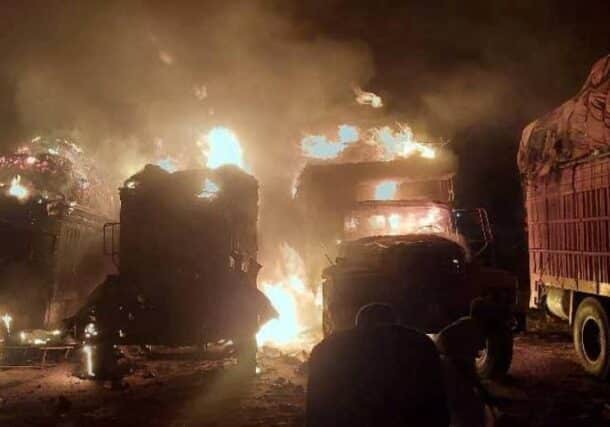 Trucks burning in El Obeid after RSF bombing, Saturday, February 1, 2025