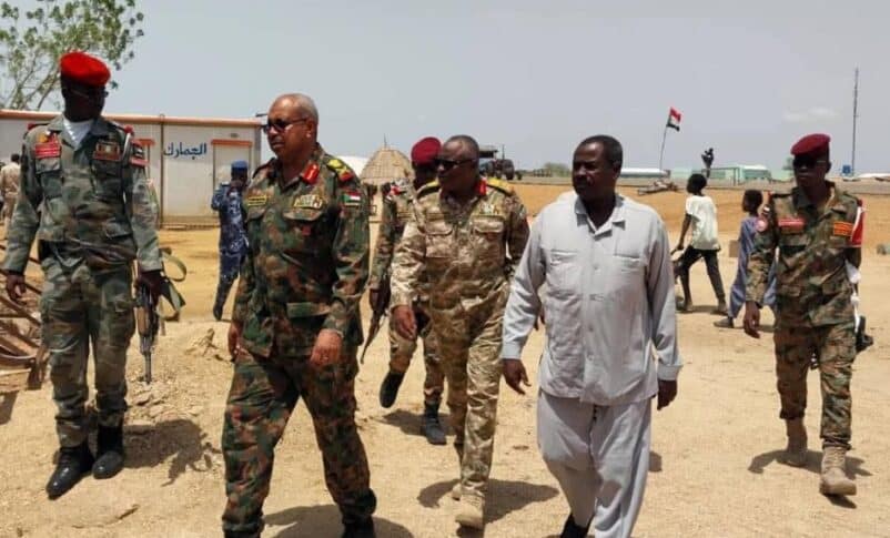 Yahia Al-Fadil Ibrahim (R) executive director of Al-Jabalain locality in White Nile state, inspects the Juda crossing with South Sudan on May 24, 2025.