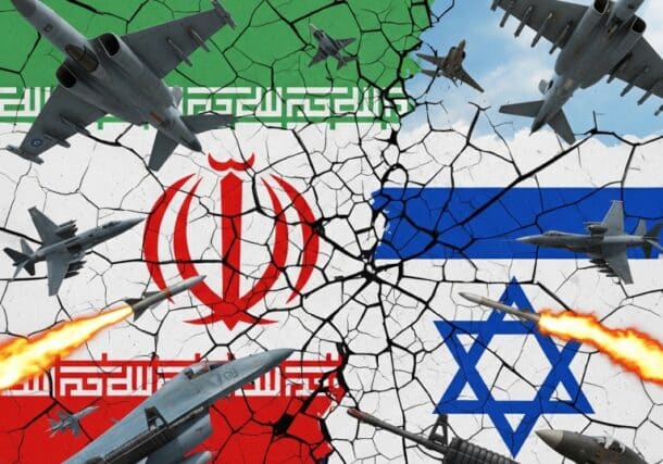 Flags, warplanes, and missiles in a visual representation of the ongoing regional standoff between Israel and Iran.