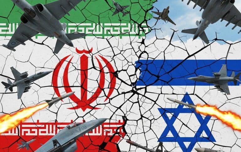 Flags, warplanes, and missiles in a visual representation of the ongoing regional standoff between Israel and Iran.