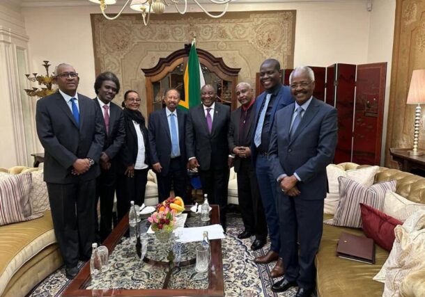 South Africa's President Cyril Ramaphosa with former Sudanese Prime Minister Abdalla Hamdok and his delegation in Pretoria, South Africa, June 20, 2025.