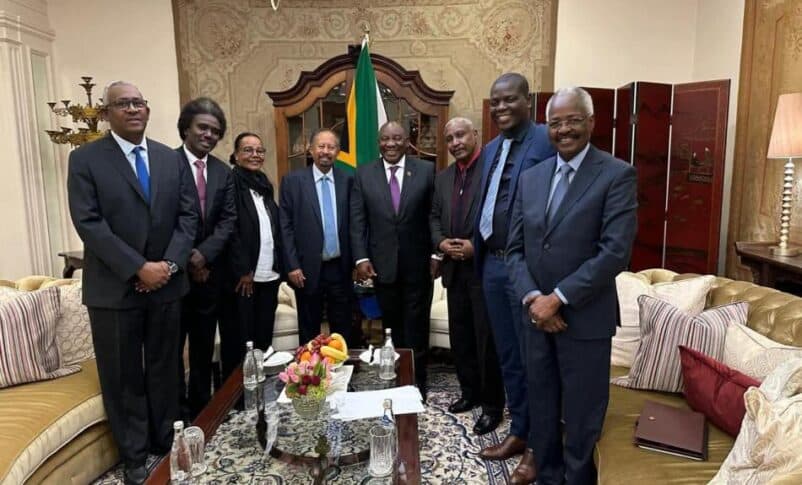 South Africa's President Cyril Ramaphosa with former Sudanese Prime Minister Abdalla Hamdok and his delegation in Pretoria, South Africa, June 20, 2025.