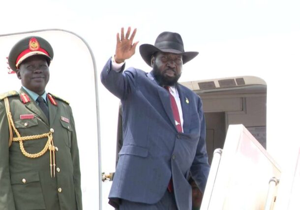 South Sudanese President Salva Kiir waves as he boards a plane to the UAE on June 22, 2025