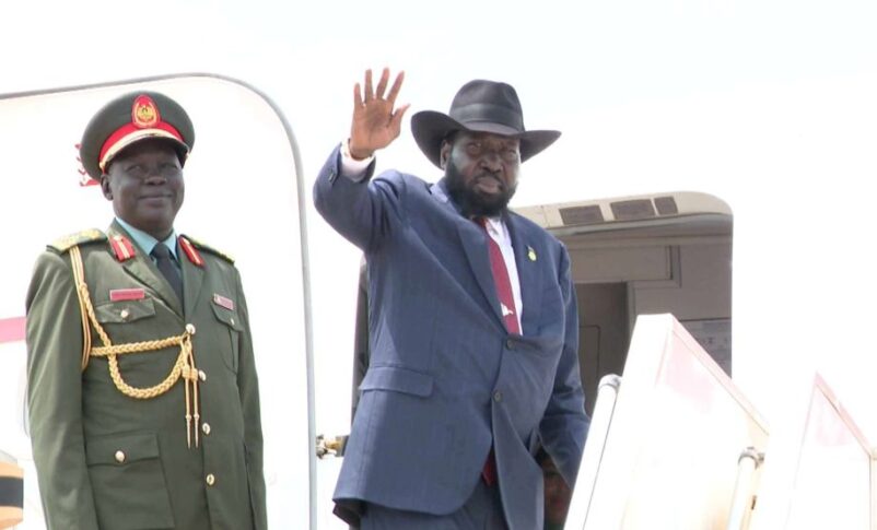 South Sudanese President Salva Kiir waves as he boards a plane to the UAE on June 22, 2025