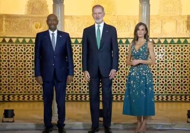 Sovereign Council Head Abdel Fattah al-Burhan pose with Spain's King Felipe and Queen Letizia after his arrival in Seville on June 29, 2025