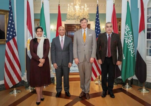 U.S. Deputy Secretary of State Christopher Landau (second from right) with (from left) Saudi Ambassador Reema bint Bandar Al Saud, UAE Ambassador Yousef Al Otaiba, and Egyptian Ambassador Motaz Zahran, at the State Department on June 3, 2025.