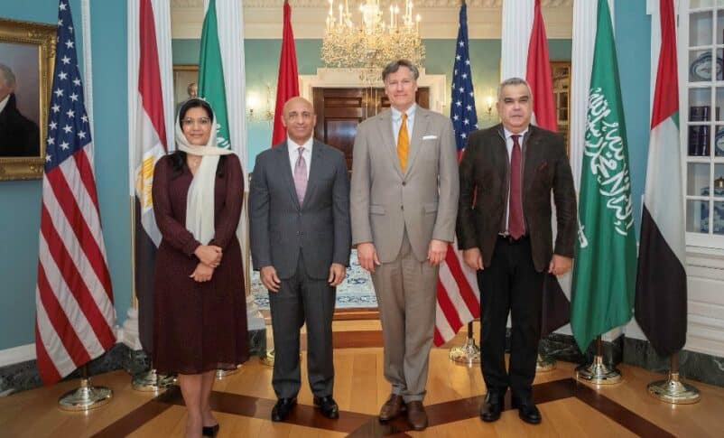 U.S. Deputy Secretary of State Christopher Landau (second from right) with (from left) Saudi Ambassador Reema bint Bandar Al Saud, UAE Ambassador Yousef Al Otaiba, and Egyptian Ambassador Motaz Zahran, at the State Department on June 3, 2025.