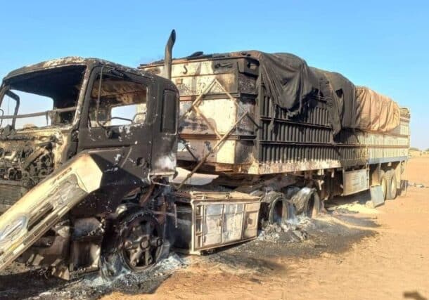 A WFP truck was destroyed in a drone attack in Al Koma, North Darfur, on June 3, 2025.