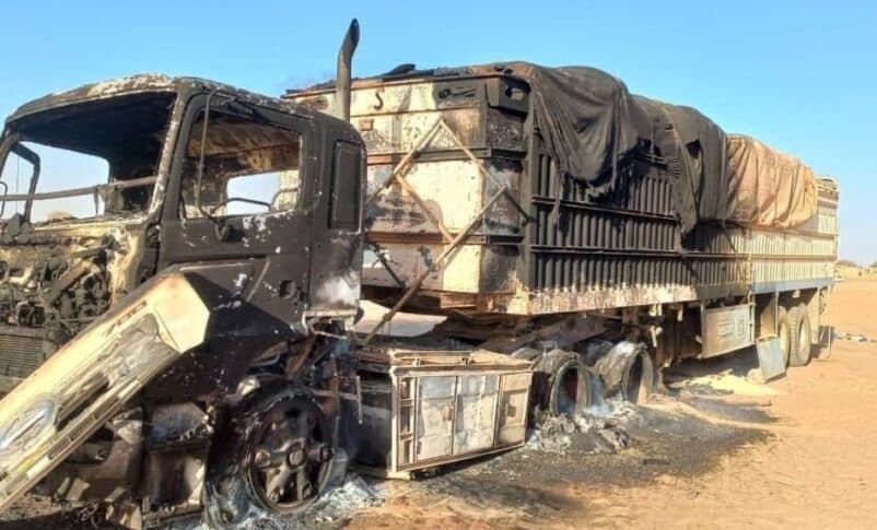 A WFP truck was destroyed in a drone attack in Al Koma, North Darfur, on June 3, 2025.