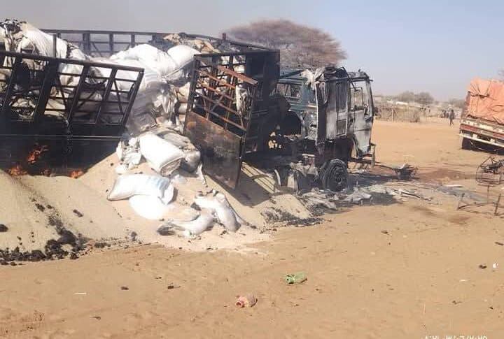 A World Food Programme (WFP) truck lies destroyed following a drone attack in Al Koma, North Darfur, on June 3, 2025.