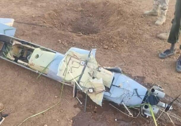 The wreckage of a drone is seen after it was shot down by the Sudanese army in Merowe, Sudan, on July 1, 2025.