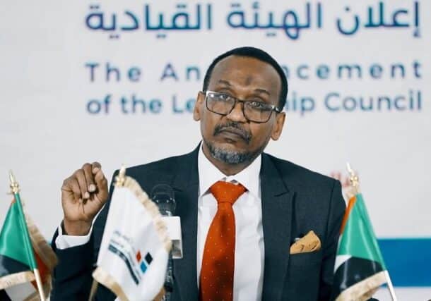 Alaa al-Din Nuqd, spokesman for the 'Tasis' alliance, announces the group's new leadership during a press conference in Nyala, Sudan, on July 1, 2025.