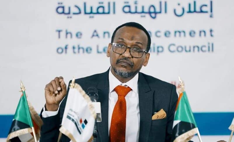 Alaa al-Din Nuqd, spokesman for the 'Tasis' alliance, announces the group's new leadership during a press conference in Nyala, Sudan, on July 1, 2025.